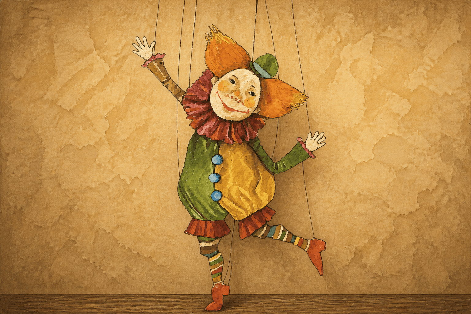 An ink-and-watercolor clown marionette in a green-and-gold costume, dancing against WarrenPeace's warm textured wall.
