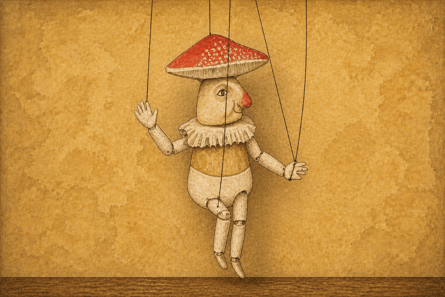 An ink-and-watercolor wooden marionette with a red mushroom hat and ruffled collar against WarrenPeace's warm textured wall.