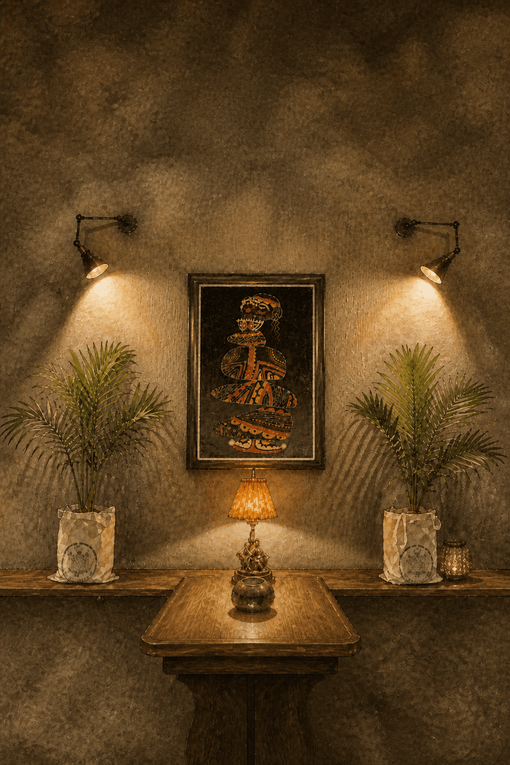 Ink-and-watercolor illustration of the WarrenPeace interior, with its framed muse, warm lamps, palms, and wooden table.