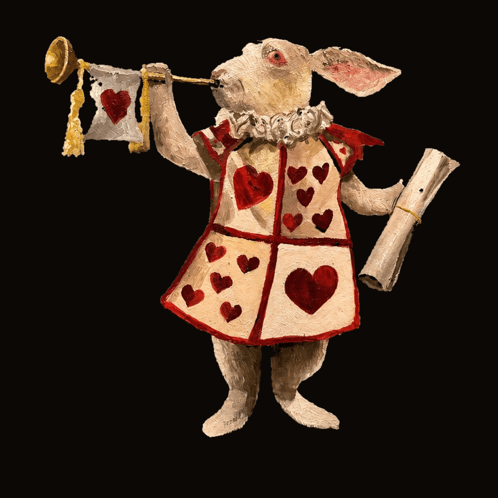 A painted herald rabbit in a heart-patterned tabard, trumpet raised, announcing dinner with a scroll in hand.
