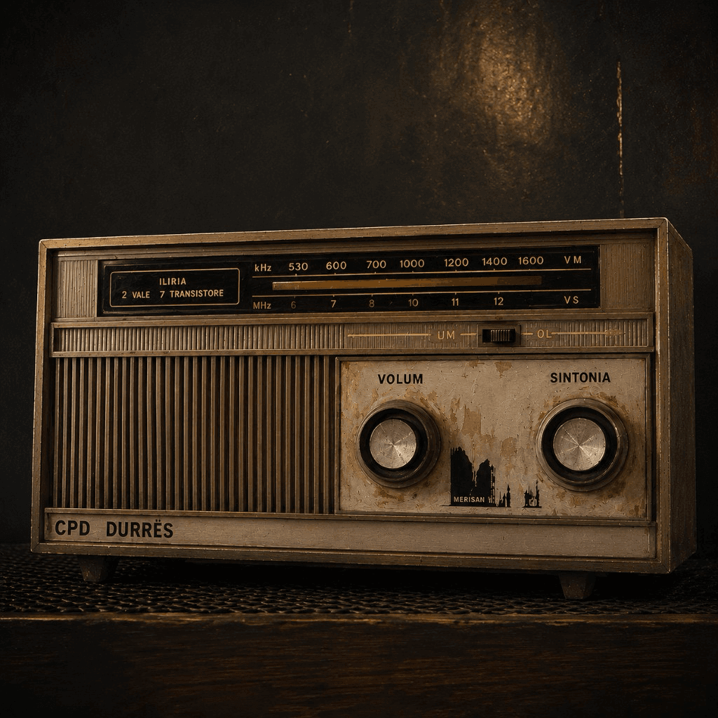 A vintage CPD Durrës transistor radio on a dark wooden table, broadcasting WarrenPeace's press notices.