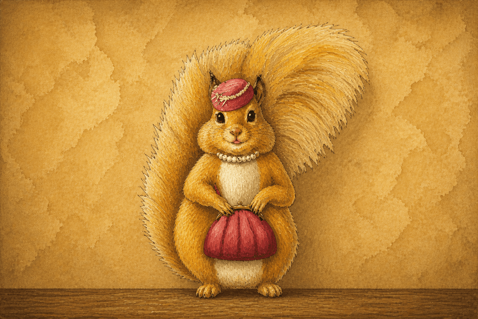 An ink-and-watercolor red squirrel in a pink cap and pearl necklace, holding a clutch against WarrenPeace's warm textured wall.