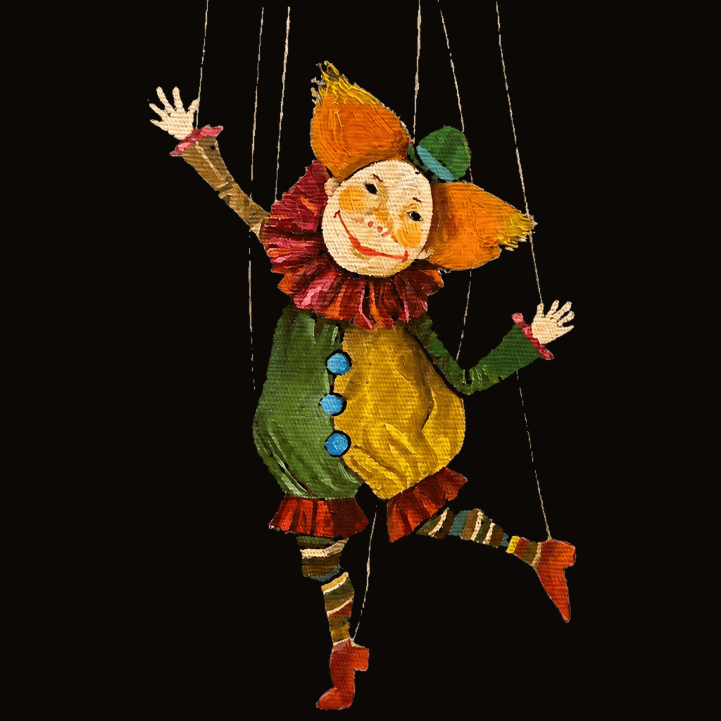 A painted clown marionette — a joyful jester in a green-and-gold costume with a pointed hat and ruffled collar, dancing on his strings.