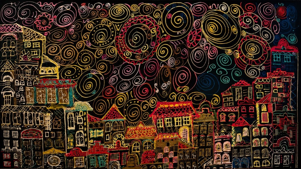 A painted night cityscape — colorful townhouses under a sky full of swirling gold, red and teal spirals in a naïve, Klimt-like style.