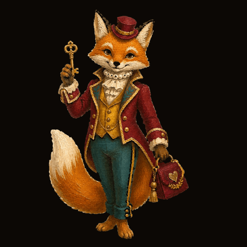 A painted dapper fox — a gentleman fox in a red tailcoat, gold waistcoat and teal trousers, a top hat and cravat, holding a golden key and a heart-embossed purse.