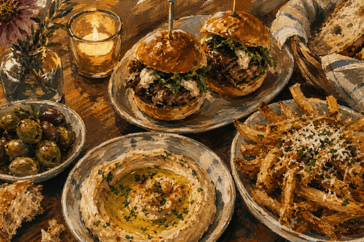 A painted spread of Mediterranean and Balkan small plates by candlelight.