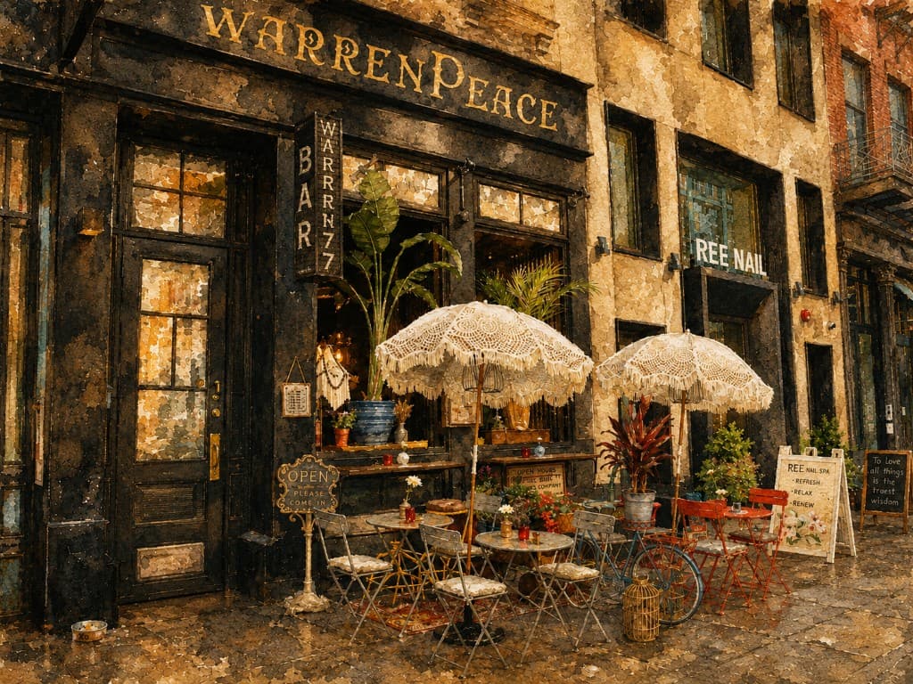 A painted view of the WarrenPeace storefront on Warren Street — a black facade with the gold hand-painted sign, lace umbrellas, café tables and plants spilling onto the sidewalk.
