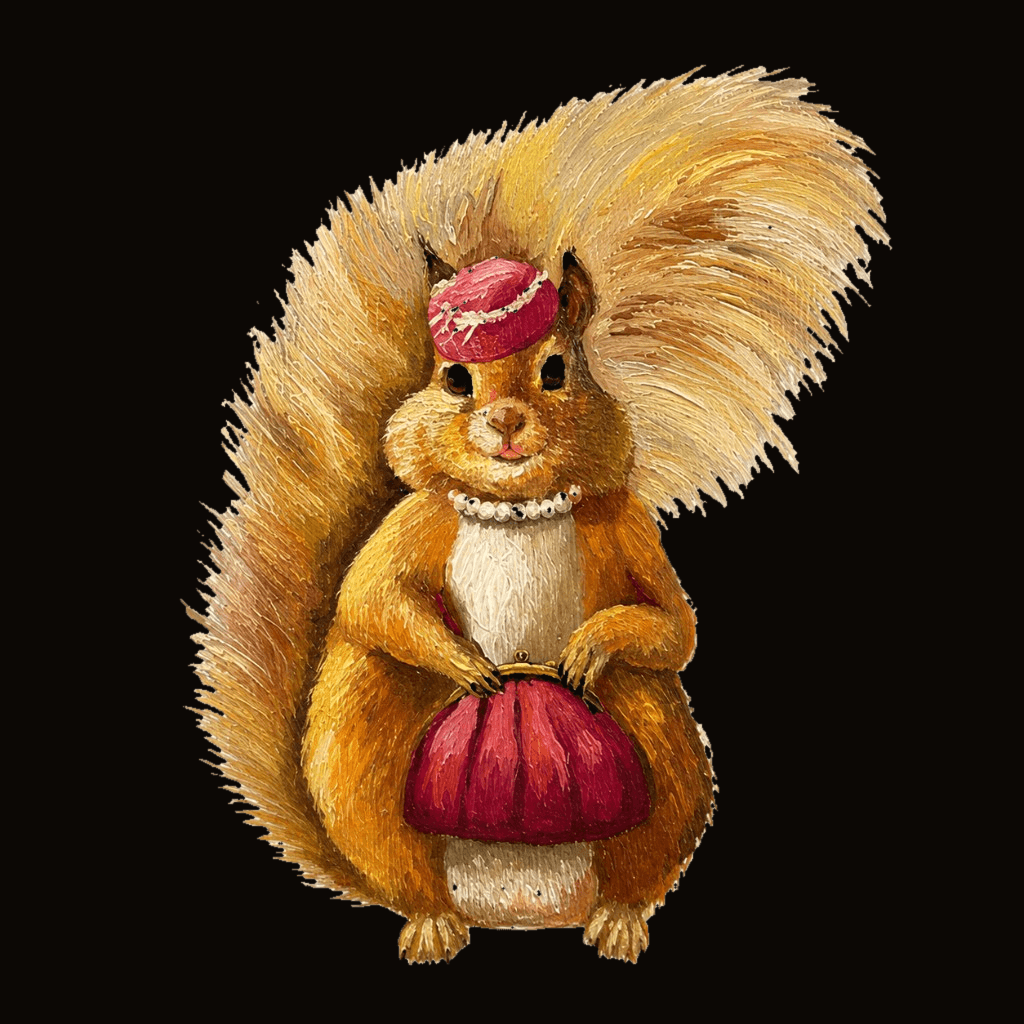 A painted elegant squirrel — a red squirrel in a pink cap and pearl necklace, holding a red clutch purse, with a great golden tail.