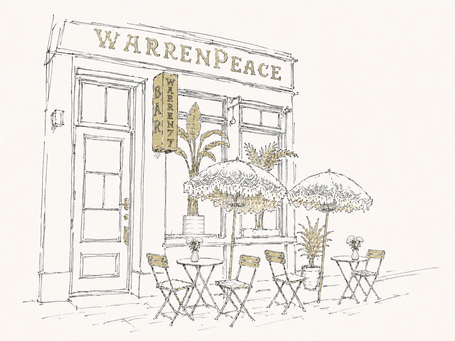 A line illustration of the WarrenPeace storefront on Warren Street, with café tables, plants and fringed umbrellas.